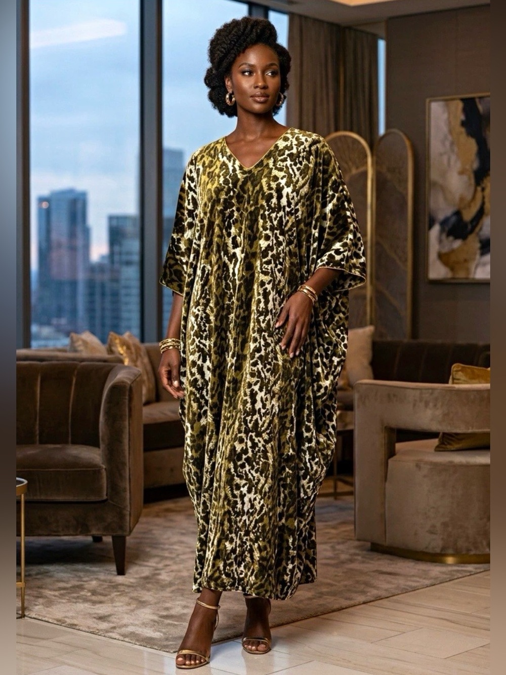 Mystique Boutique Leopard Print Velvet Kaftan Maxi Dress Gold Detail One Size